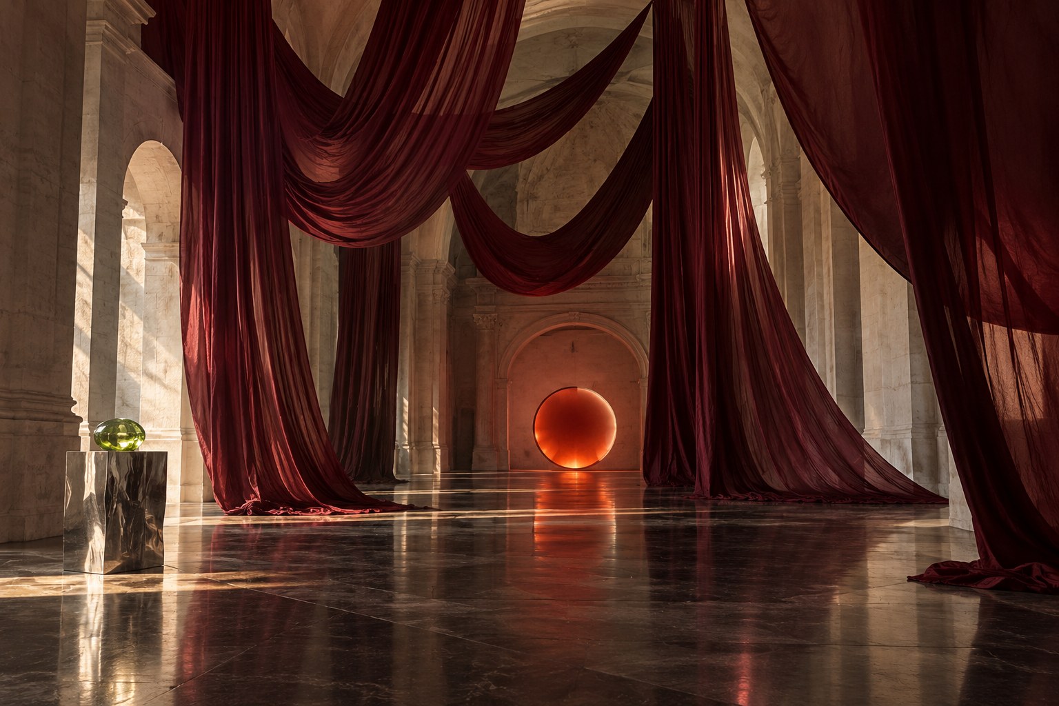 Imagined sculptural fabric installation, an AI-generated spatial study